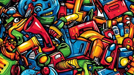 A dynamic tech collage doodle pattern showcasing computers, smartphones, and gadgets, intertwined with robotic elements, gears, and digital patterns, set against a bright neon grid background,