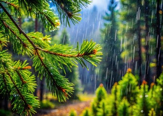 Naklejka premium Delicate raindrops grace verdant pine needles, creating a tranquil setting in the forest, where the refreshing sounds of nature bring serenity to all who wander.
