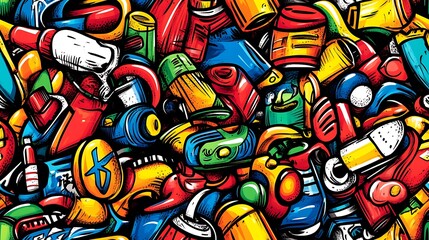 Obraz premium A dynamic urban doodle pattern featuring graffiti spray cans, skateboards, boom boxes, and streetwear elements, set against a backdrop of brick walls covered in street art, bright neon tones,