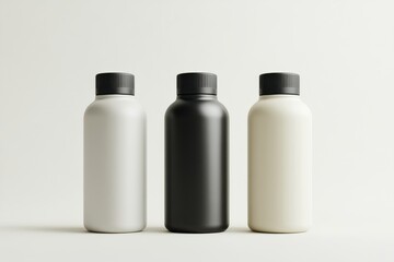 White, gray, and black insulated containers. Metal drinkware on a bright surface. Three-dimensional mockup for your brand logo