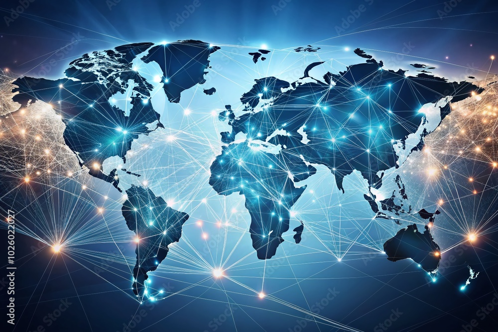 Poster surreal connected world map on minimalist background for global communication and innovation concept