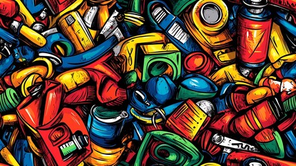 Obraz premium A dynamic urban doodle pattern featuring graffiti spray cans, skateboards, boom boxes, and streetwear elements, set against a backdrop of brick walls covered in street art, bright neon tones,