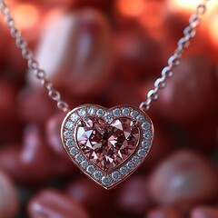 Heartinspired diamond necklace glistening under warm light displayed a perfect Valentine's Day gift Set against a backdrop of soft red and pink hues evoking a sense of elegance and love