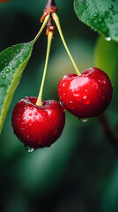 two fresh, ripe red cherries hanging on the branch, green leaves and water droplets on them