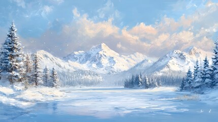 Tranquil Winterscape:Pristine Snowy Mountains,Serene Frozen Lake,and Wispy Evergreen Trees