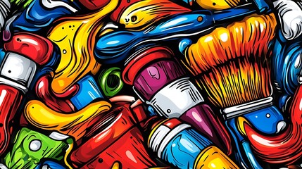 A lively artistic-themed doodle pattern featuring paintbrushes, canvases, and vibrant paint tubes, surrounded by swirling strokes, splashes, and paint drips, set against a bright white background,