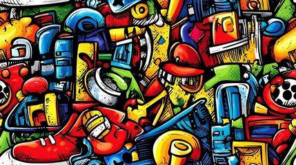 A lively doodle pattern featuring graffiti tags, sneakers, skateboards, and microphones, with abstract urban elements like city skylines and street signs, set against a concrete wall backdrop,