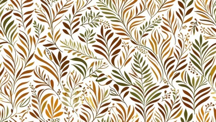 Pattern of autumn leaves in green, orange, and brown tones, perfect for seasonal designs, fabric, stationery, and nature-themed artwork