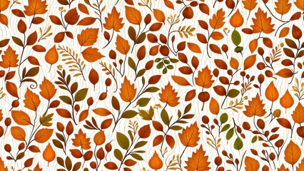 Pattern of autumn leaves in green, orange, and brown tones, perfect for seasonal designs, fabric, stationery, and nature-themed artwork
