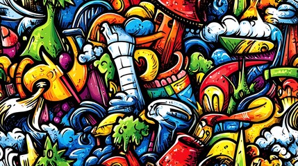 Obraz premium A lively fantasy land doodle pattern featuring fairies, wizards, and dragons, with castles and enchanted trees, surrounded by magical items like wands, crystal balls, and potion bottles,