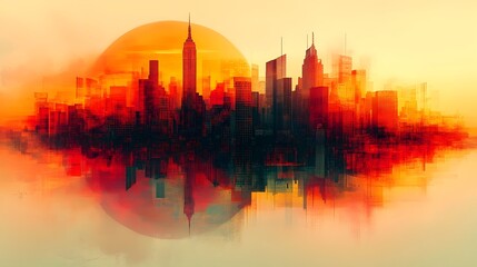 Fototapeta premium Whimsical Abstract Cityscape with Geometric Patterns and Vibrant Colors in a Vintage Cinematic Aesthetic