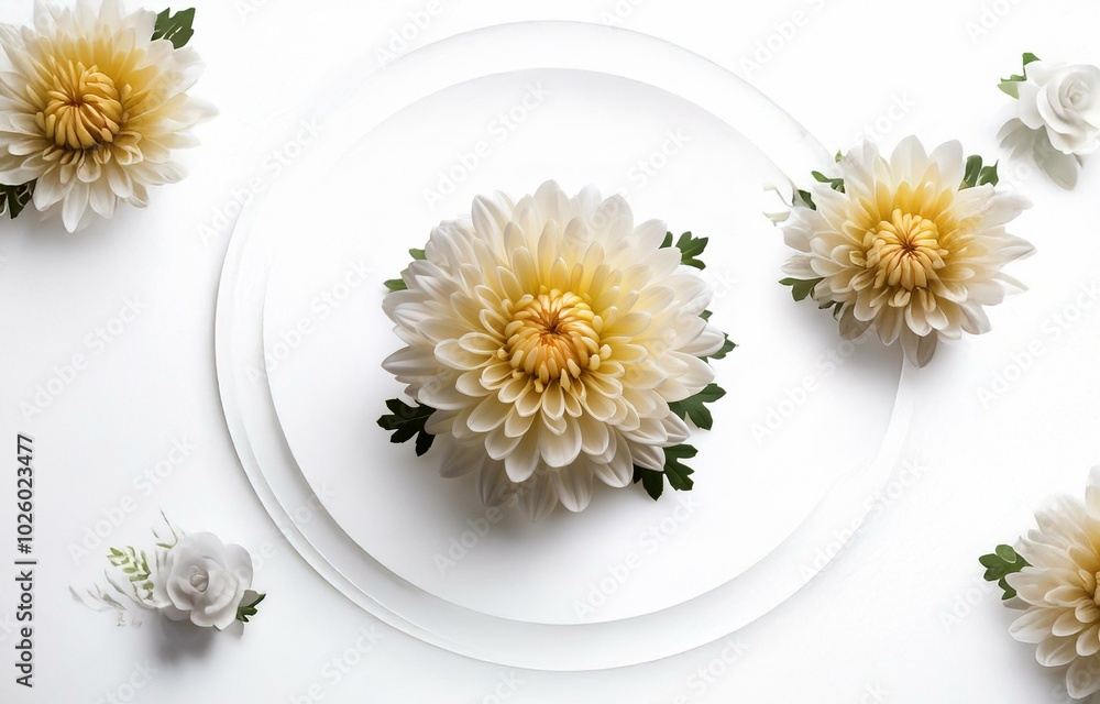 Wall mural A white plate with a single white flower with a yellow center on a white background with two other flowers.