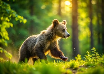 Fototapeta premium Surreal Motion Blur of a Running Brown Bear Cub in a Lush Summer Forest