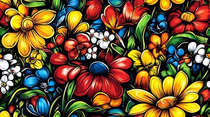 Fototapeta premium A lively floral doodle pattern featuring blooming wildflowers, tulips, and daisies, with vines, leaves, and abstract swirling patterns in the background, surrounded by fluttering butterflies,
