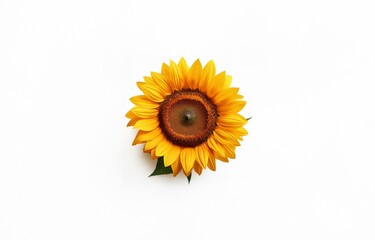 Obraz premium A single sunflower with a bright yellow face sits on a plain white background.