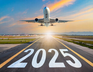 Airplane takes off at sunrise with 2025 inscribed on the airport runway