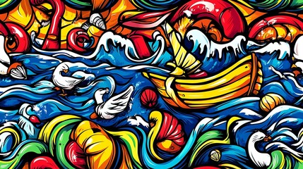 A lively nautical doodle pattern showcasing sailboats, anchors, and lifebuoys, surrounded by swirling waves, seagulls, and seashells, set against a bright sky blue and turquoise background,