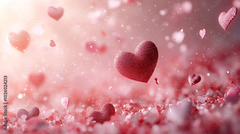 Poster falling heart confetti creating whimsical valentine's day card effect over a smooth pink gradient ba
