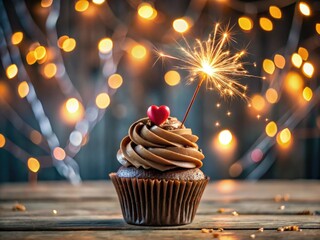 Delight in a festive chocolate cupcake adorned with a sparkler, surrounded by enchanting heart-shaped fairy lights, perfect for any celebration or joyous occasion.