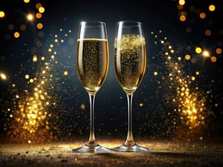 Delight in a joyous New Year celebration with two sophisticated champagne glasses featuring shimmering golden sparkles, contrasted by a rich black background for added elegance.