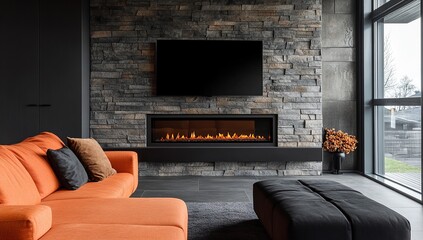 Close-up of the fireplace in a modern living room with an orange couch, black ottoman