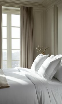 White bedding in a luxurious bedroom.