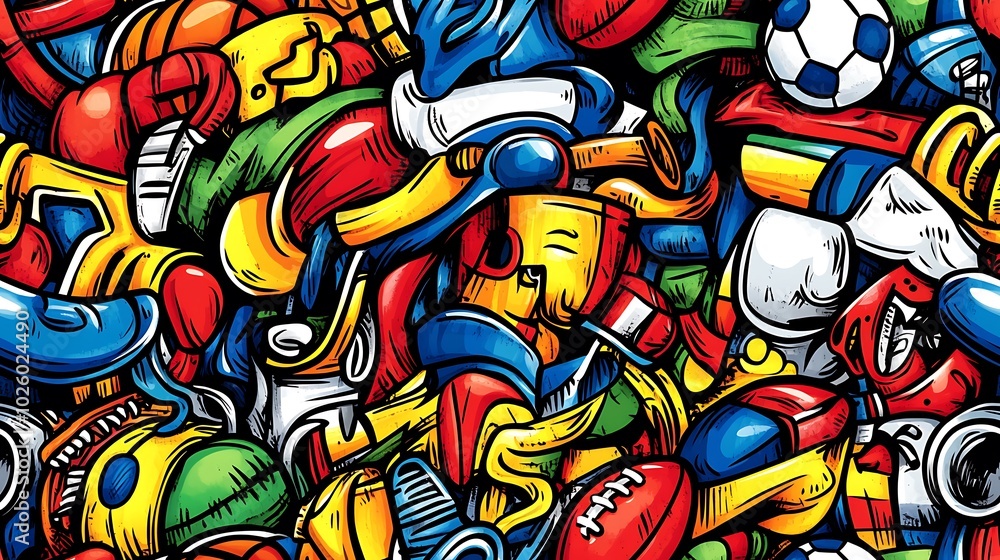 Poster A lively sports doodle pattern featuring various sports items like soccer balls, basketballs, tennis rackets, and football helmets, surrounded by trophies, jerseys, and dynamic lines,