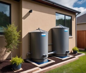 Rainwater harvesting system installed at a contemporary home, with blue water tanks attached to the roof's drainage system. The design captures rainwater for sustainable water management, providing an