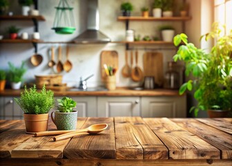 Surreal Wood Table Top with Blurred Kitchen Background for Dreamy Atmosphere