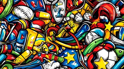 A lively sports doodle pattern showcasing various sports equipment like soccer balls, basketballs, baseball bats, and tennis rackets, surrounded by scoreboards, stars, and swirling lines,