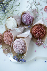 candles, candle, holiday, packaging, gift, flowers, decoration, wedding decor, decor, interior, spring, summer, pions, beauty, romance, flower, pink, bouquet, love, valentine, color, petal, wedding