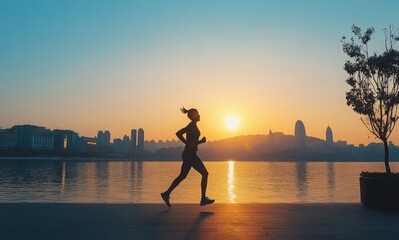 A woman jogs along a riverside path at sunrise with city skyline in the background