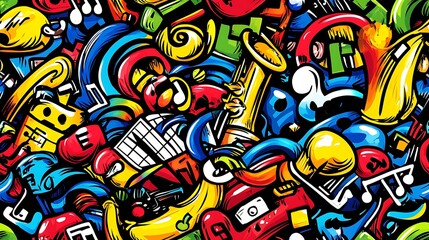 A music-themed doodle pattern featuring guitars, pianos, saxophones, and musical notes, with bright sound waves and vibrant swirls in the background, rhythmic and energetic vibe, hd quality,