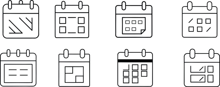 Calendar Icons Set Outline Design Black White
