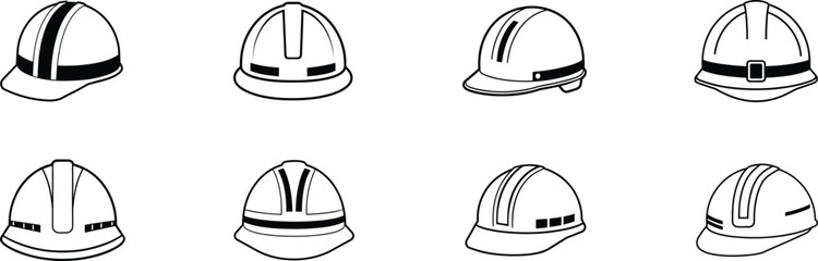 Construction Safety Hard Hat Outline Icons Set