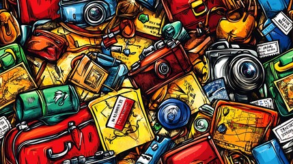 Obraz premium A nostalgic vintage travel doodle pattern filled with classic cameras, retro luggage, train tickets, and stamps, with muted tones and delicate lines, set against a backdrop of old maps and compasses,