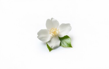 Fototapeta premium Single white flower with green leaves on a plain white background.