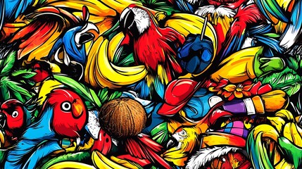 Fototapeta premium A playful doodle pattern filled with colorful parrots, bananas, coconuts, and beach hats, with a sun-drenched beach scene and palm tree silhouettes in the background, vivid and energetic, hd quality,