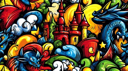 Obraz premium A playful fantasy land doodle pattern featuring dragons, fairies, and wizards, surrounded by enchanted castles, magical forests, and glowing potions,