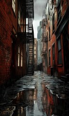 Fototapeta premium Rainy alleyway between brick buildings.