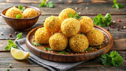 Golden crispy rice balls with herbs, lemon, and spices , crispy, rice balls, golden, herbs, lemon, spices, food, appetizer