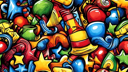 Obraz premium A playful festive doodle pattern filled with piñatas, maracas, confetti, and party hats, surrounded by vibrant balloons, stars, and swirling streamers, set against a bright and cheerful background,