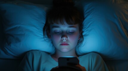 Young girl lying in bed at night, illuminated by the glow of her smartphone as she uses it to scroll through content, reflecting the common habit of late-night phone usage in a dark room