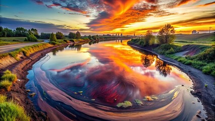 Toxic Landfill Runoff at Sunrise: Industrial Waste Impact on Riverbank