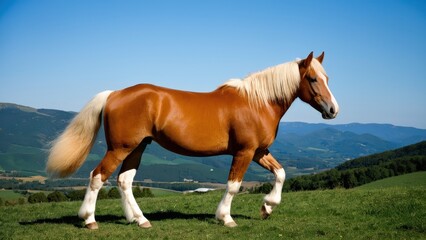 Obraz premium Beautiful Haflinger horse looking towards the left, showcasing its strong, elegant build. Ideal for equestrian photography, breed identification, or horse-related digital designs