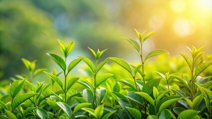 Green branches of a tea bush on a light background, tea, bush, green, branches, leaves, plant, nature, agriculture, organic