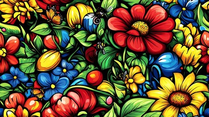 Fototapeta premium A playful floral explosion doodle pattern featuring peonies, hibiscus, and sunflowers intertwined with curling vines and lush leaves, with butterflies and bees floating around,