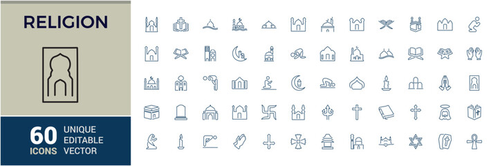 Religion and faith icon set. Religious icon collection in line style. Related to Islma, Christian, Hinduism, Judaism. Editable stroke. Vector illustration.