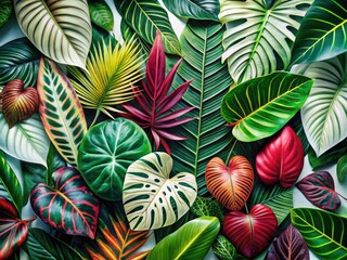Fototapeta premium Discover a beautiful array of tropical leaves showcased in clean white abstract patterns, perfect for decorative backgrounds, adding a serene and refreshing atmosphere to your decor.