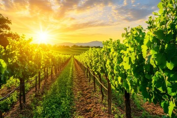 Naklejka premium First Rays of Sunlight Stretching Across a Lush Vineyard in the Countryside with Copy Space
